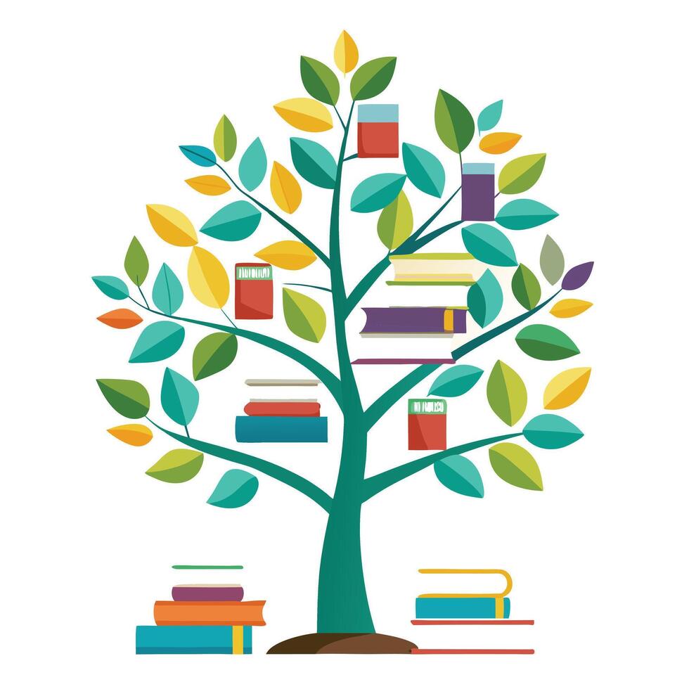 Flat Tree with Books Design a Flat Style Tree with Green Leaves in a Garden Setting vector