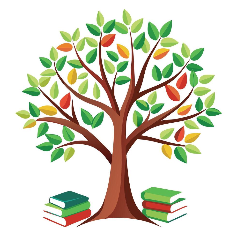 Botanical Flat Tree with Green Books as Leaves in a Natural Setting vector