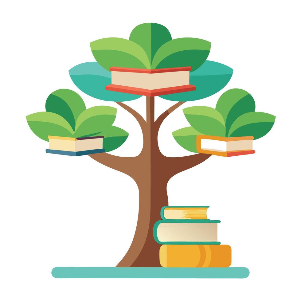 Detailed Illustration of a Flat Tree with Books Stacked as the Trunk Create a Flat Style and Green Leaves vector