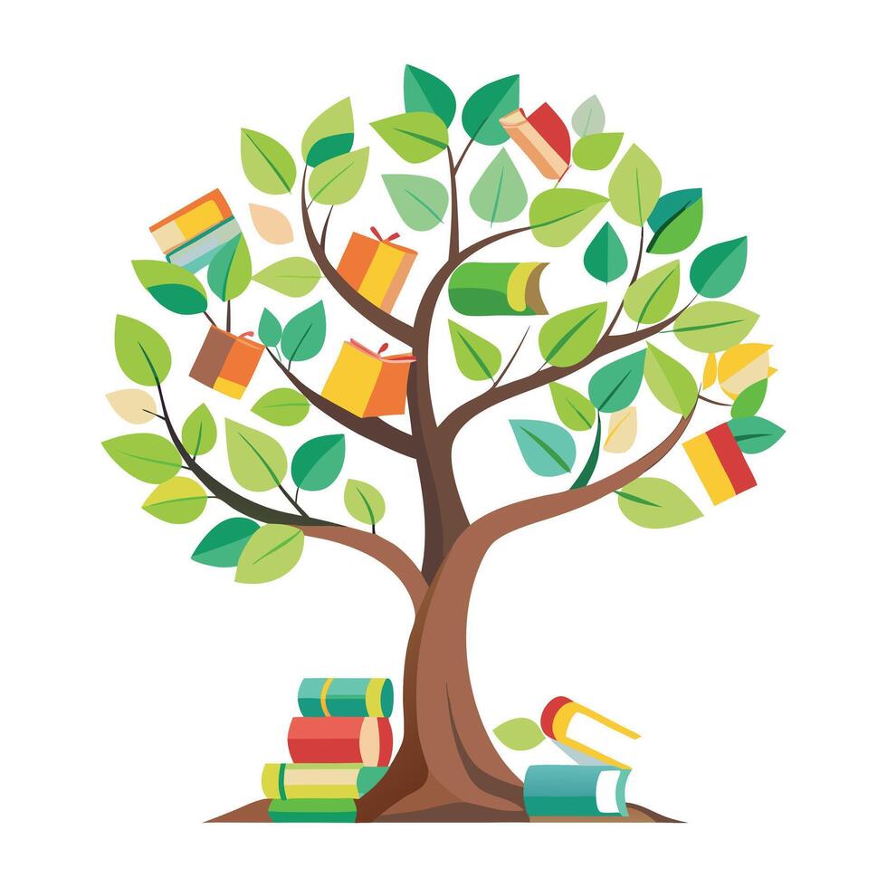 Detailed Illustration of a Flat Tree with Books Design a Flat Style Tree with Green Leaves vector