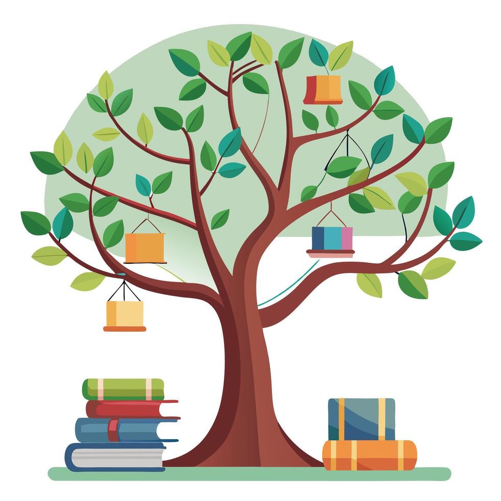 Detailed Illustration of a Flat Tree with Books Hanging as Leaves Create a Flat Style and Green Leaves vector