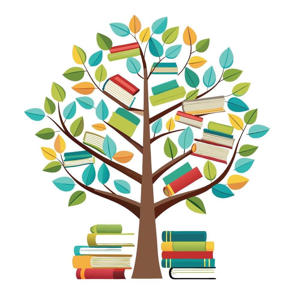 Flat Tree with Books Design a Flat Style Tree with Green Leaves with Purple Flowers and Green Leaves vector