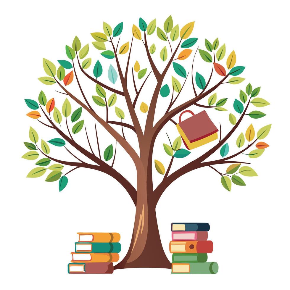 Flat Tree with Books Hanging as Leaves Create a Flat Style and Green Leaves in a Garden Setting vector