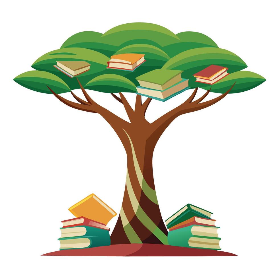 Flat Tree with Books Stacked as the Trunk Create a Flat Style and Green Leaves with Purple Flowers and Green Leaves vector