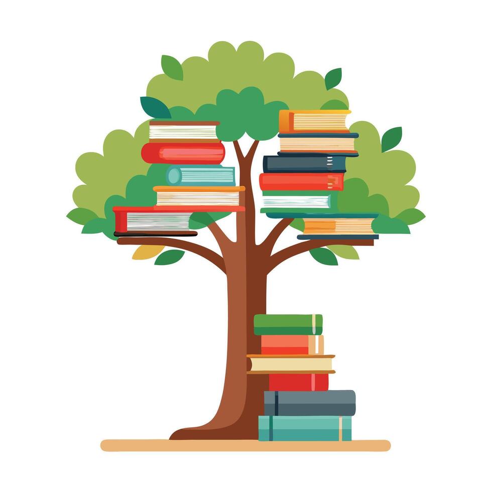 Flat Tree with Books Stacked as the Trunk for an Educational and Knowledge-Inspired Design in a Garden Setting vector