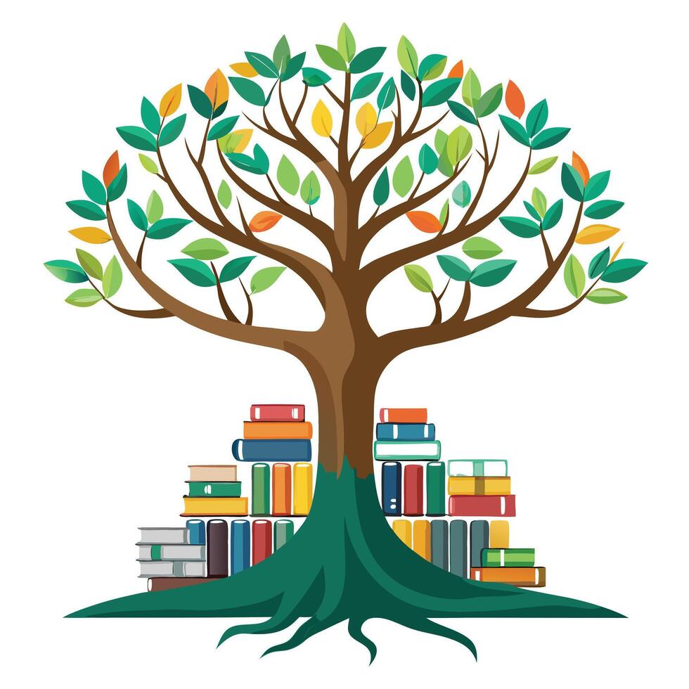 Flat Tree with Bookshelf as Roots Create a Flat Style and Green Leaves with Purple Flowers and Green Leaves vector
