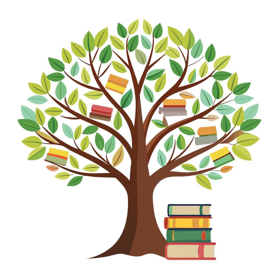 Flat Tree with Bookshelf Branches and Book Leaves Design a Flat Style and Green Leaves with Pink Flowers and Green Leaves vector