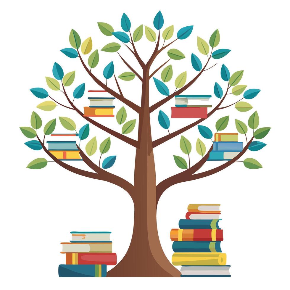 Flat Tree with Bookshelf Branches and Book Leaves Design a Flat Style and Green Leaves in a Garden Setting vector