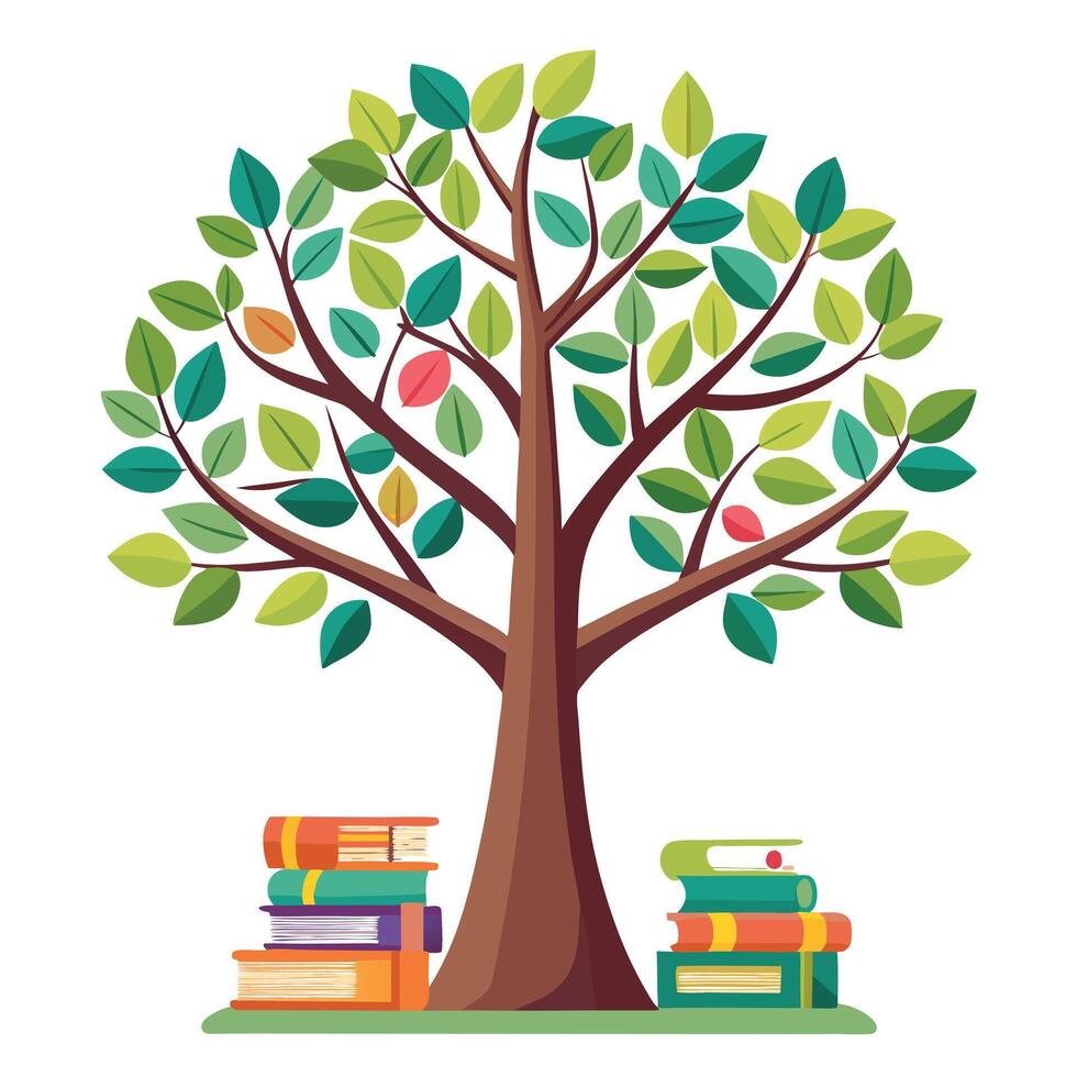 Flat Tree with Bookshelf Trunk and Books as Leaves Design a Flat Style and Green Leaves in a Garden Setting vector
