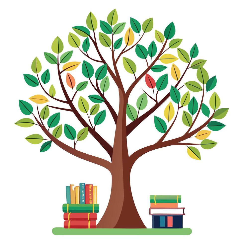 Detailed Illustration of a Flat Tree with Bookshelf Trunk and Books as Leaves Design a Flat Style and Green Leaves vector