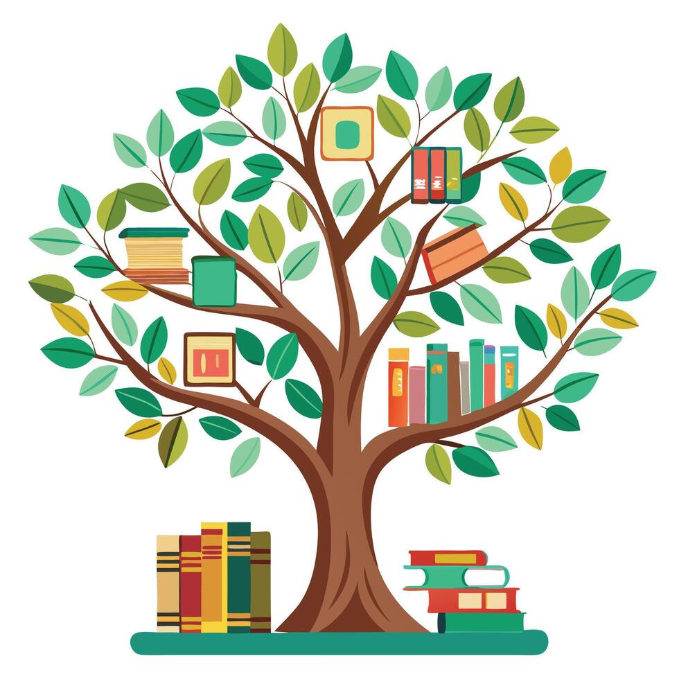 Beautiful Flat Tree with Bookshelf Trunk and Books as Leaves Design a Flat Style and Green Leaves vector