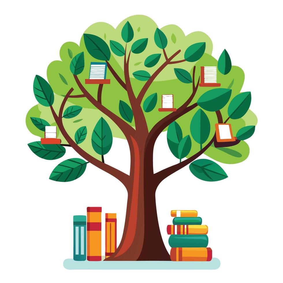 Flat Tree with Bookshelf Trunk and Books as Leaves Design a Flat Style and Green Leaves with Purple Flowers and Green Leaves vector