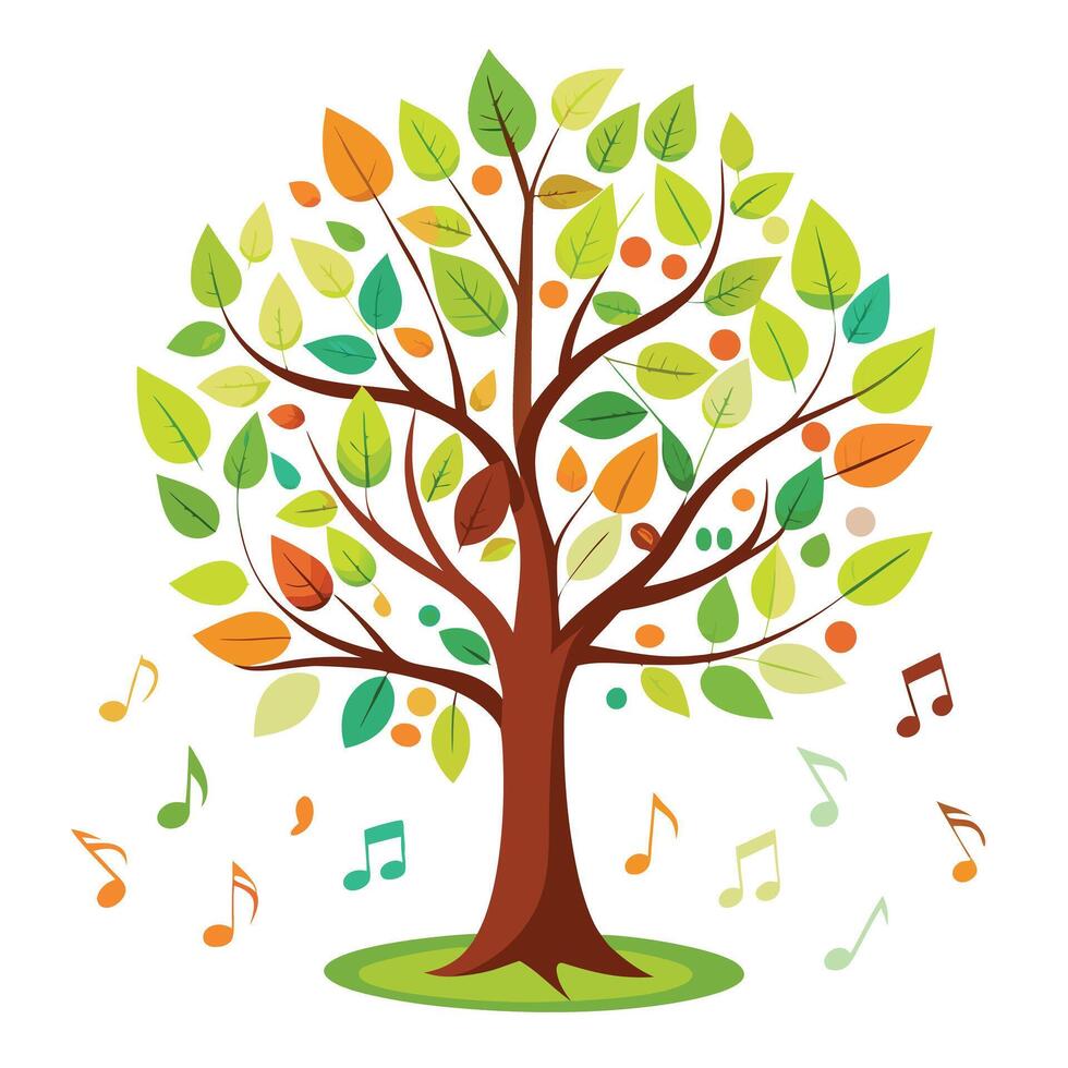 Flat Tree with Bouncing Music Note Leaves Generate a Flat Style and Green Leaves with Pink Flowers and Green Leaves vector