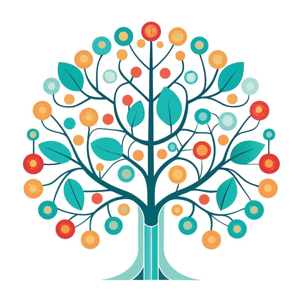 Flat Tree with Brain and Neural Connection Leaves Design a Flat Style and Green Leaves with Pink Flowers and Green Leaves vector