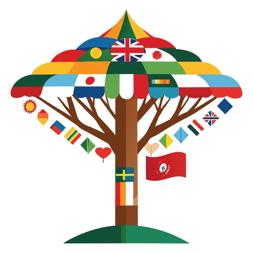 Artistic Tree with Canopy Made of Different National Flags in a Colorful Design vector