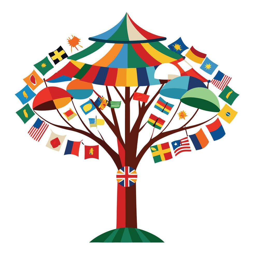 Innovative Tree with Canopy Made of Different National Flags in a Modern Style vector