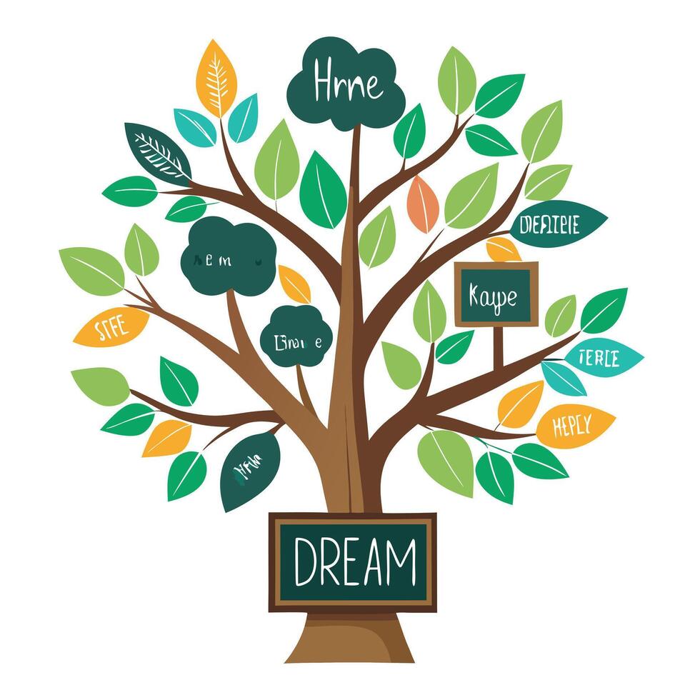 Artistic Tree with Chalkboard Signs as Leaves in a Colorful Design vector