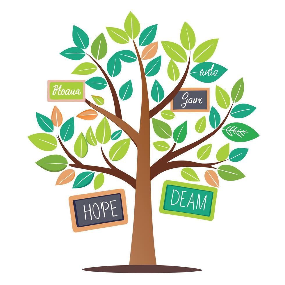Imaginative Tree with Chalkboard Signs as Leaves in a Fantastical Design vector