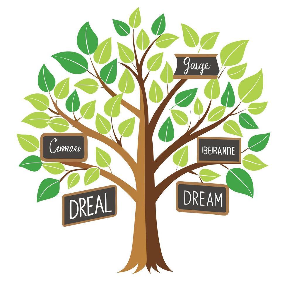 Unique Tree with Chalkboard Signs as Leaves in a Whimsical Design vector