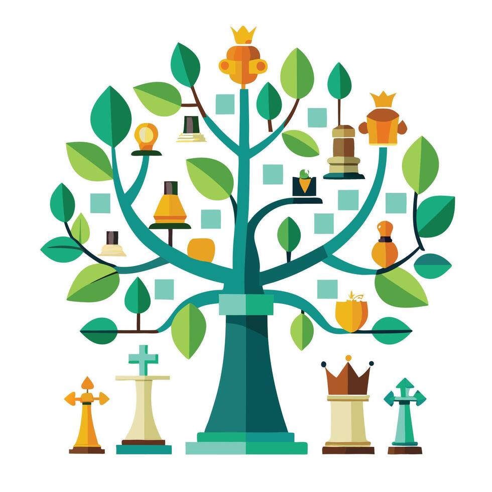 Chess Pieces as Leaves for Flat Tree Design vector