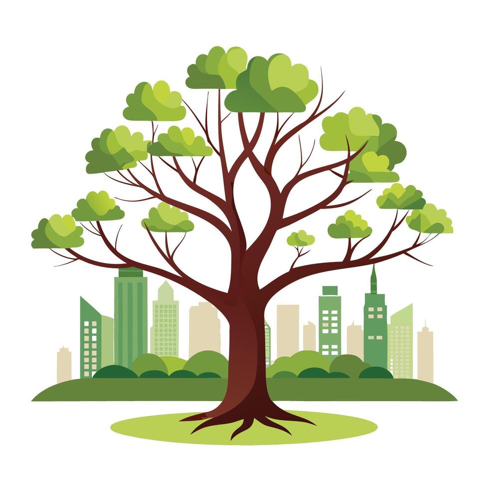 Unique Tree with City Skyline Integrated into the Branches in a Whimsical Design vector