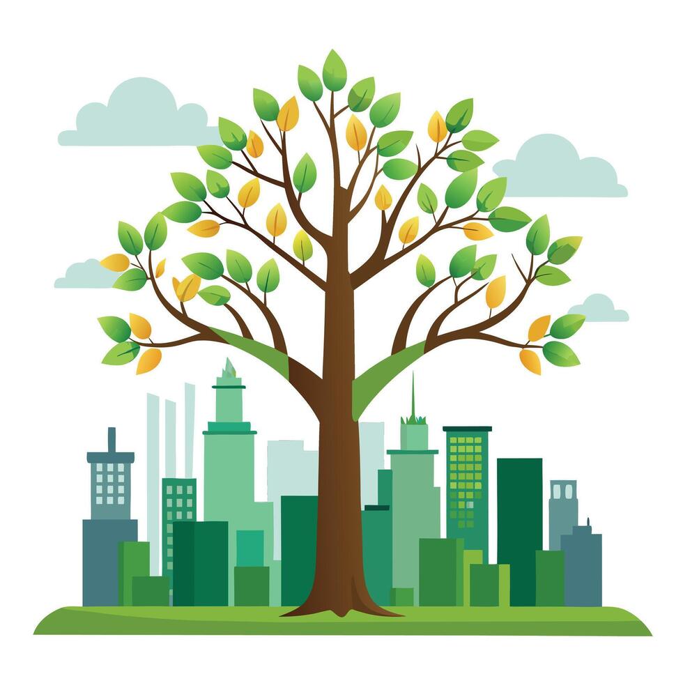 Innovative Tree with City Skyline Integrated into the Branches in a Modern Style vector