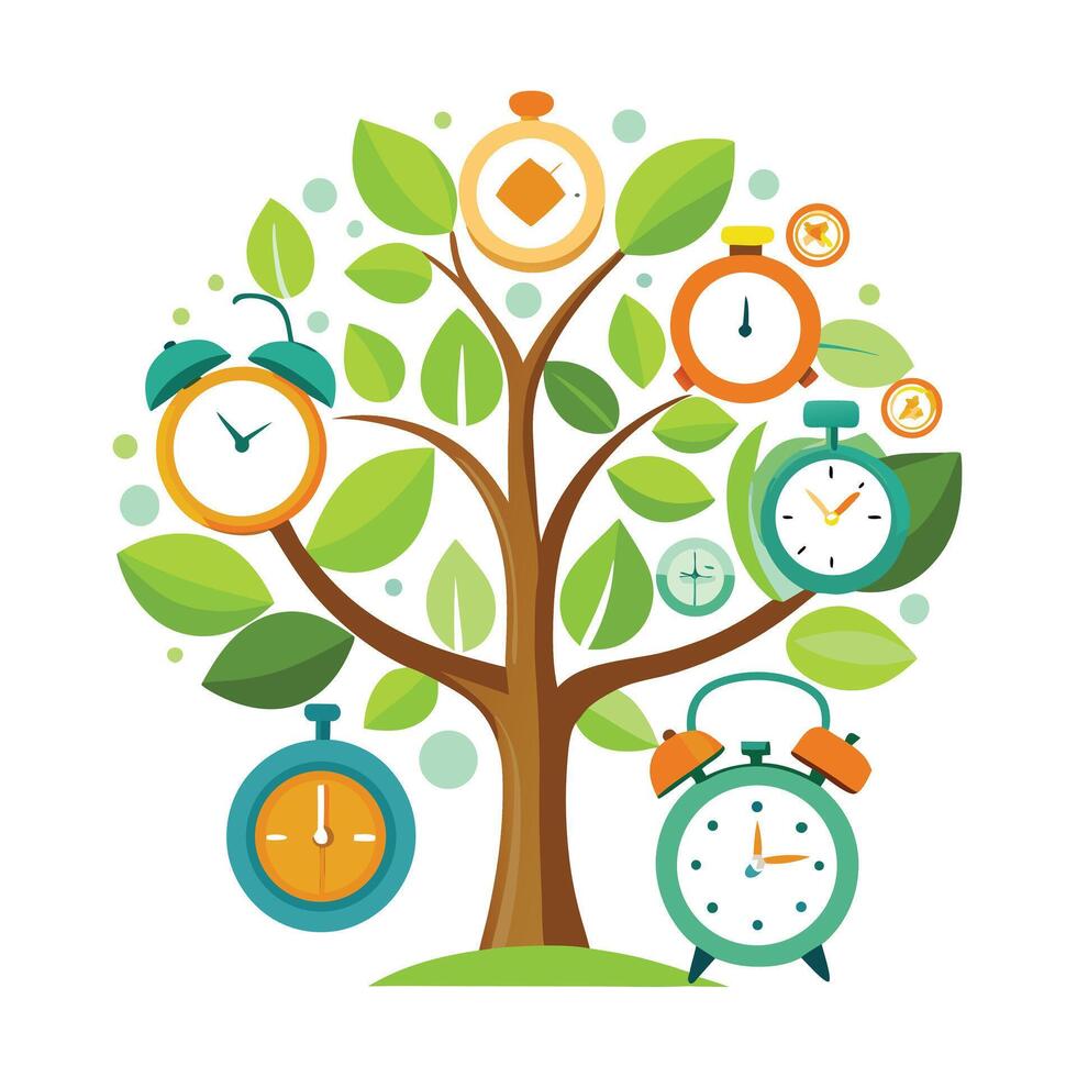 Unique Tree with Clock and Timepiece Leaves in a Whimsical Design vector