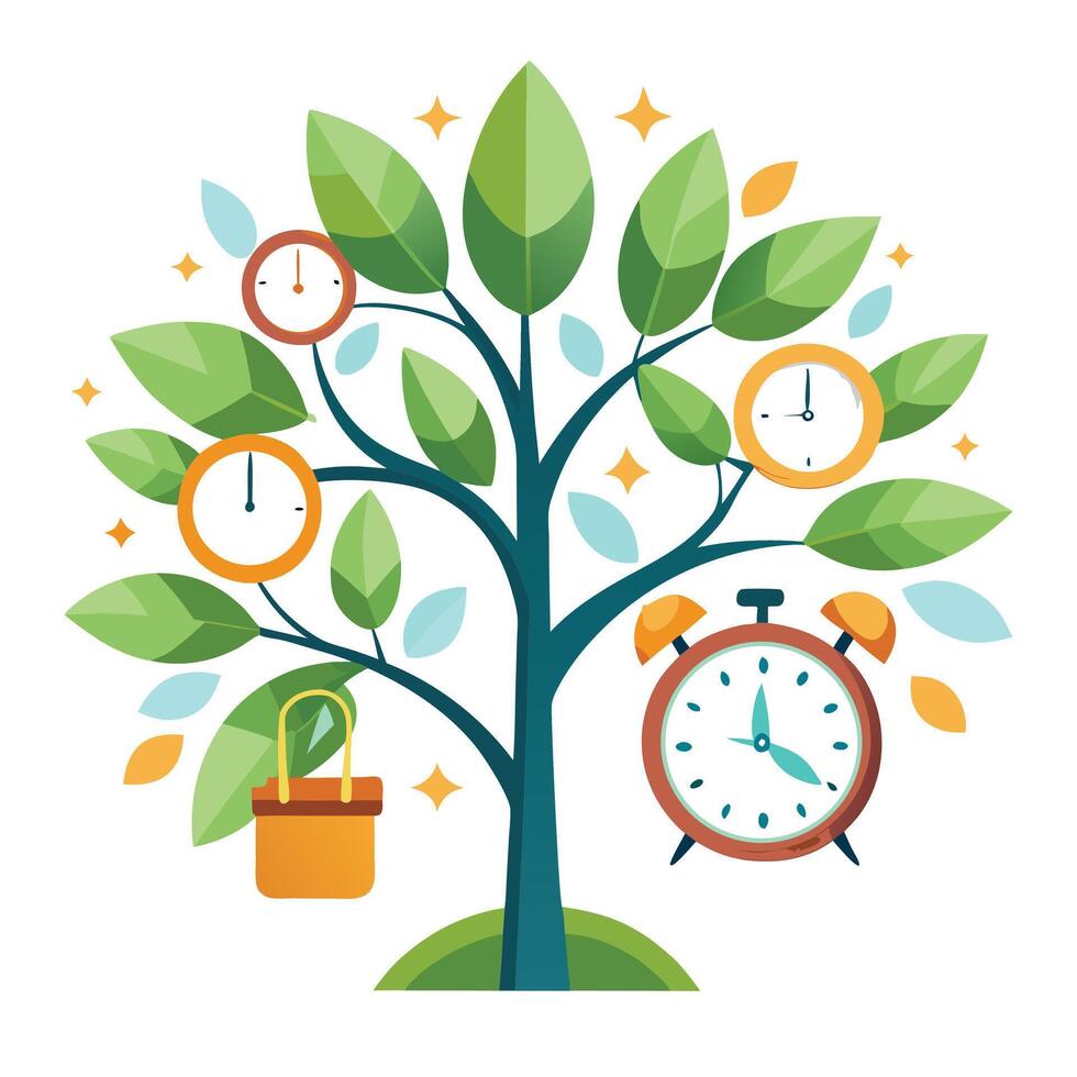 Innovative Tree with Clock and Timepiece Leaves in a Modern Style vector