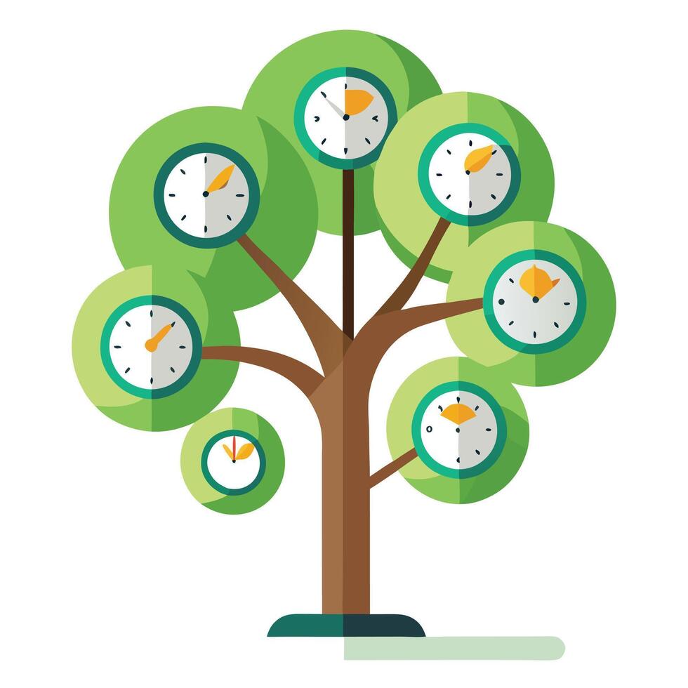 Imaginative Tree with Clock and Watch Leaves in a Fantastical Design vector