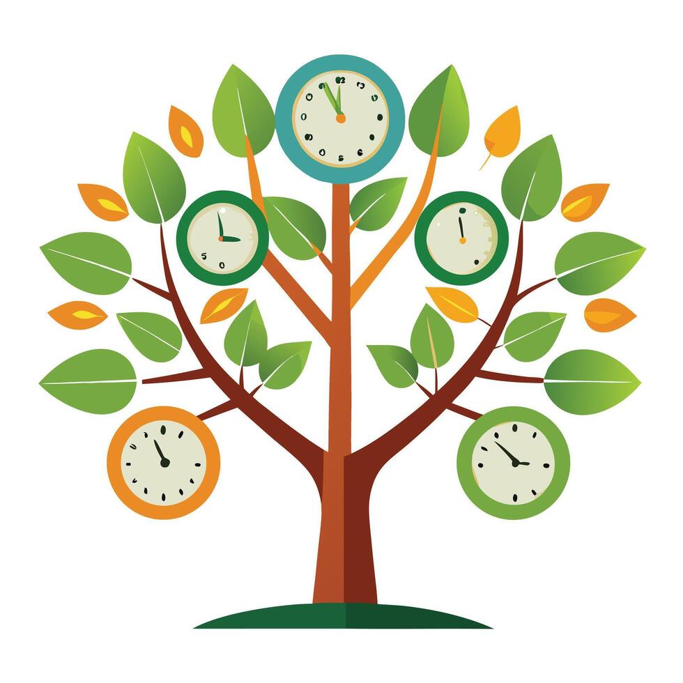 Imaginative Tree with Clock Faces as Leaves in a Fantastical Design and Isolated on a white Background vector