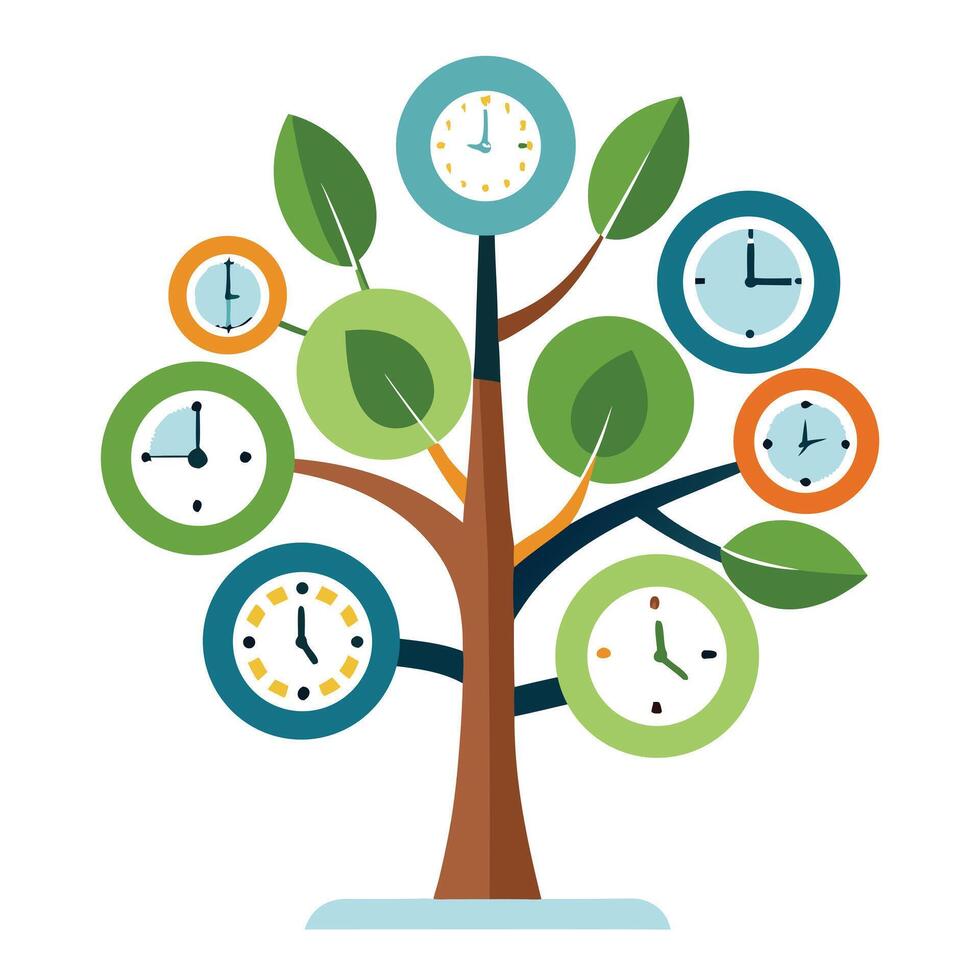 Unique Tree with Clock Faces as Leaves in a Whimsical Design vector