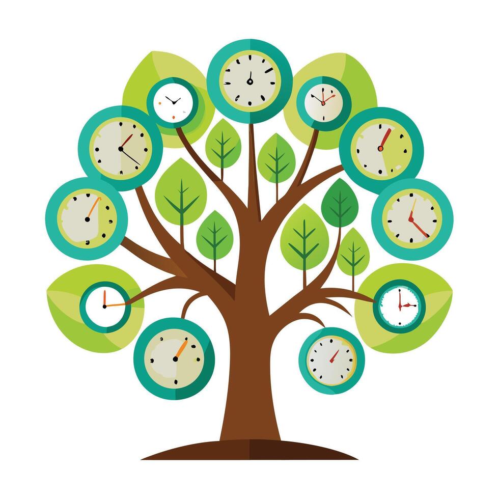 Artistic Tree with Clock Faces as Leaves in a Colorful Design and Isolated on a white Background vector