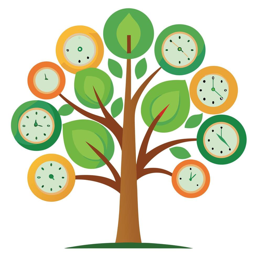 Innovative Tree with Clock Faces as Leaves in a Modern Style and Isolated on a white Background vector