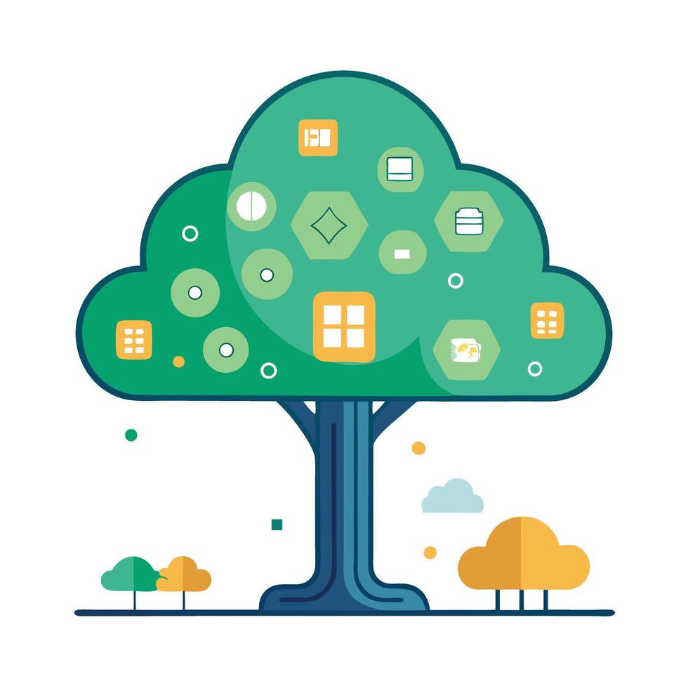 Unique Tree with Cloud Computing Icons as Leaves in a Whimsical Design vector