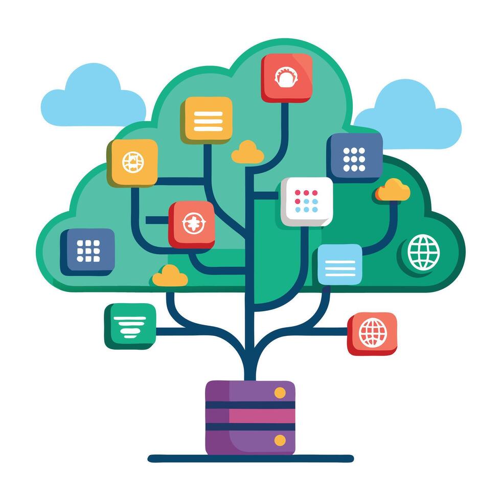 único árbol con nube informática elementos en un caprichoso diseño vector