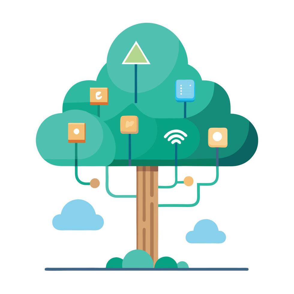 Imaginative Tree with Cloud Computing Icons as Leaves in a Fantastical Design vector