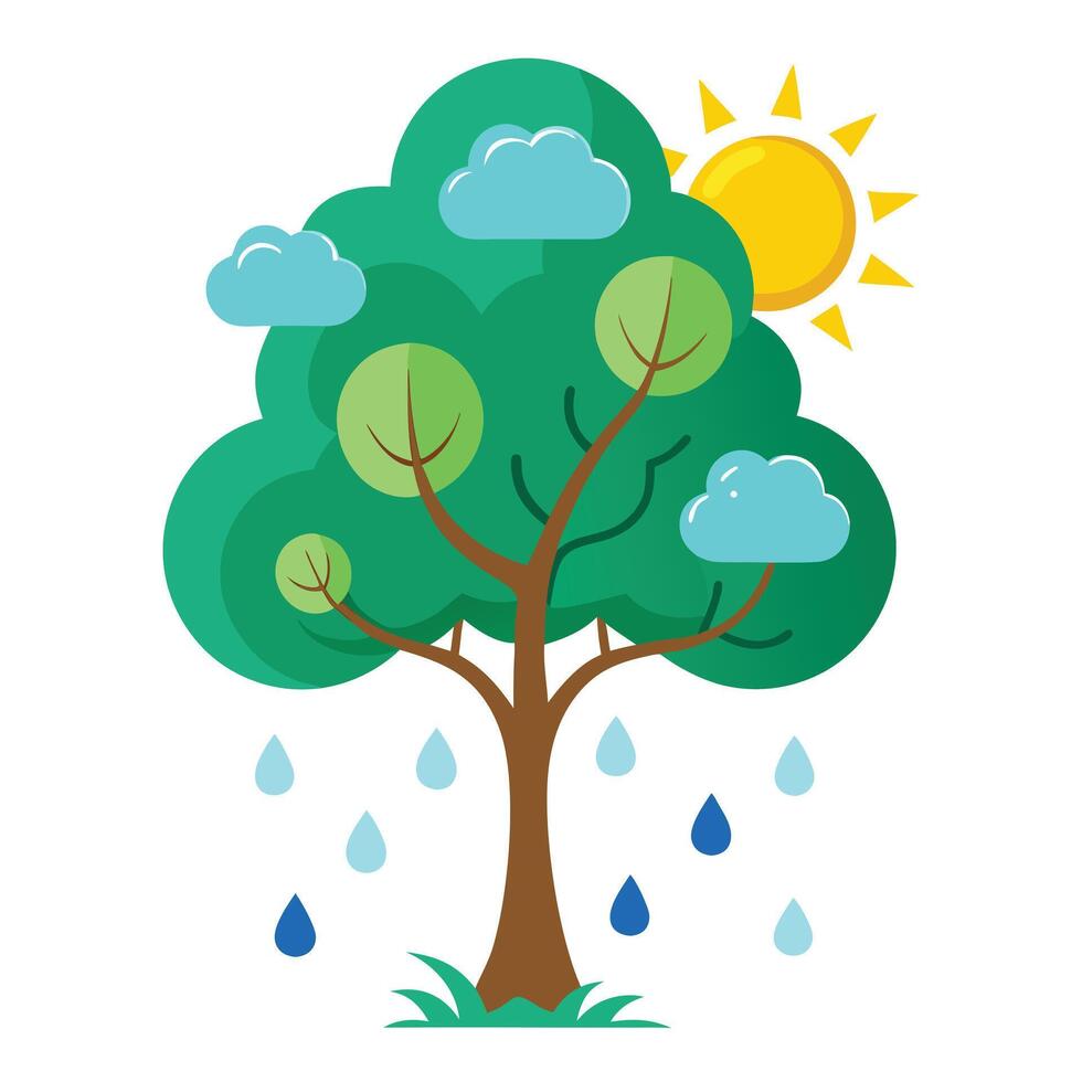 Flat Tree Design with Clouds and Weather Icons as Leaves vector