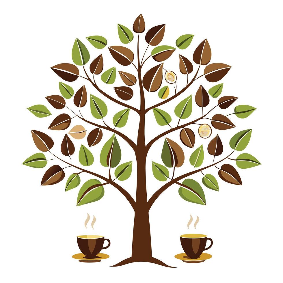 Flat Tree Design with Coffee Bean and Teacup Leaves vector