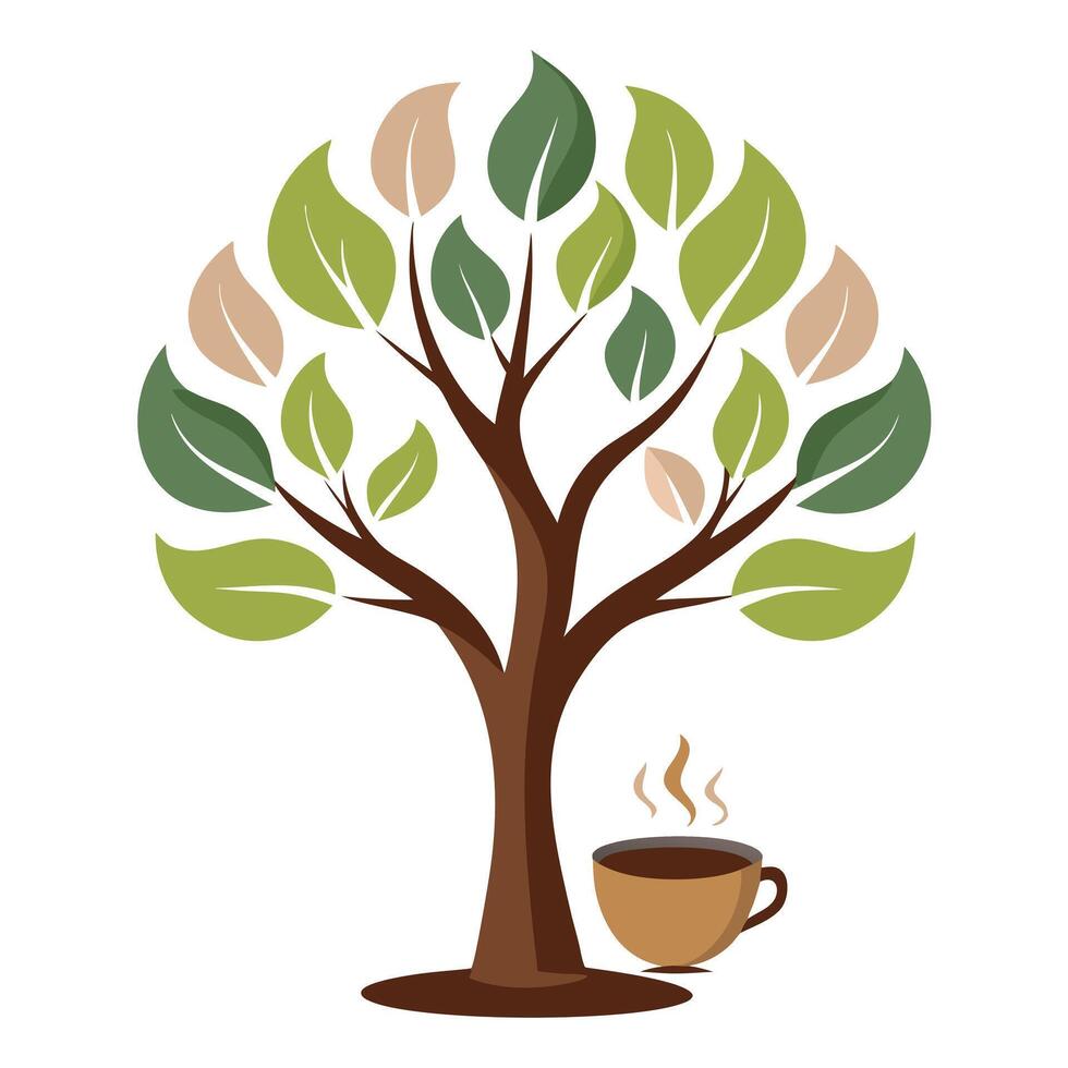 Coffee Cup Leaves and Rising Steam for Flat Tree Design vector