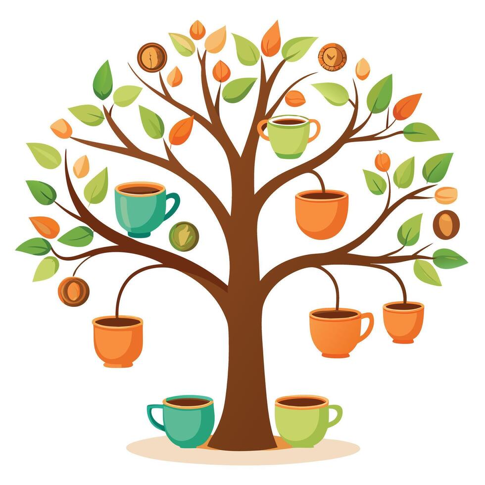 Flat Tree Design with Coffee Cups Hanging from the Branches vector