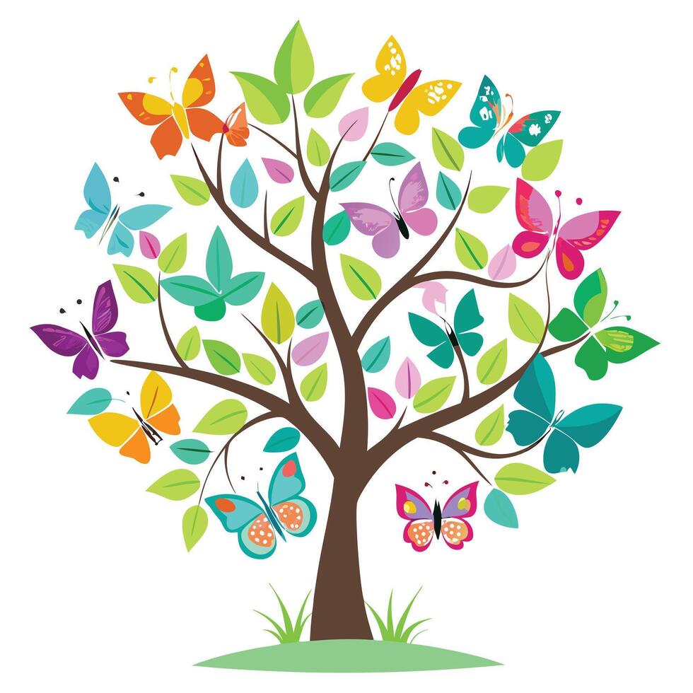 Imaginative Tree with Colorful Butterfly Leaves in a Fantastical Design and Isolated on a white Background vector