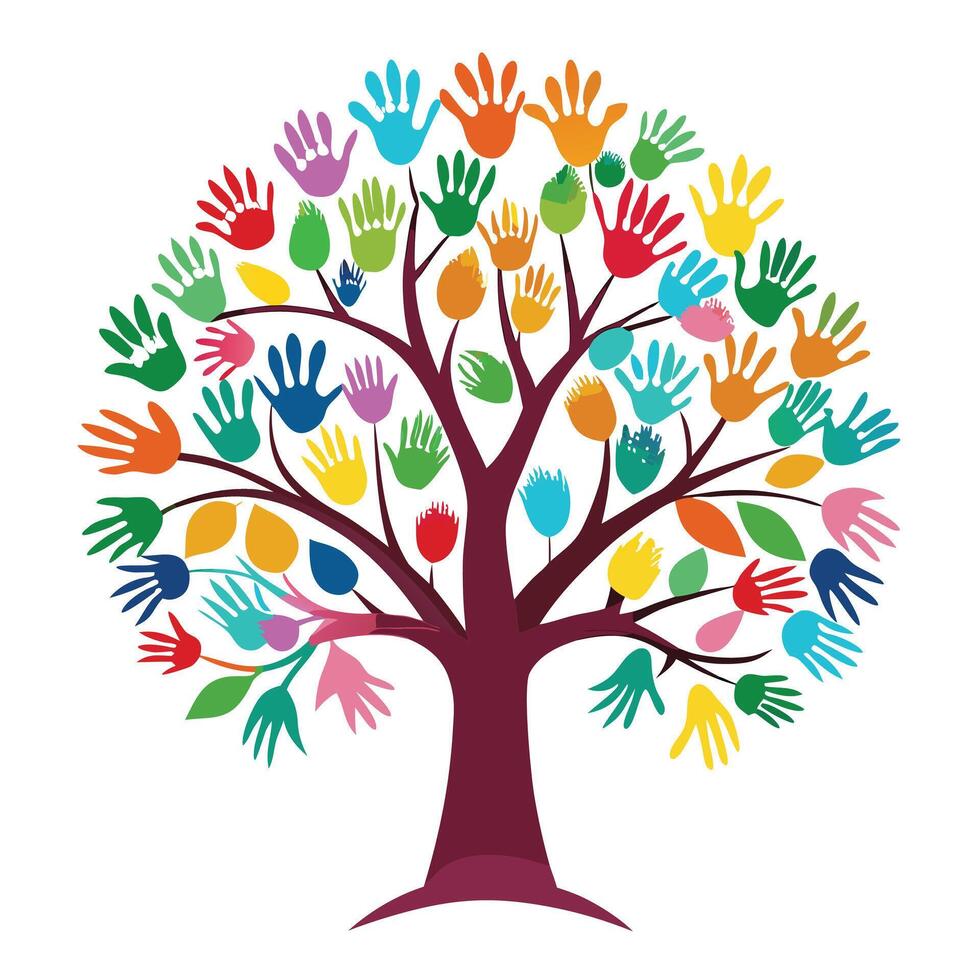Unique Tree with Colorful Handprints as Leaves Creating a Sense of Community vector