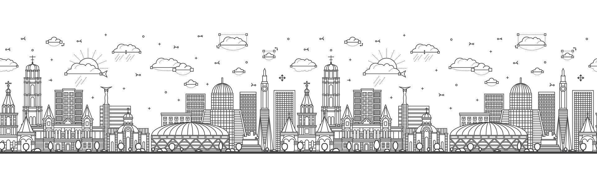 Seamless pattern with Outline Samara Russia city skyline with modern and historic buildings isolated on white. Samara cityscape with landmarks. vector