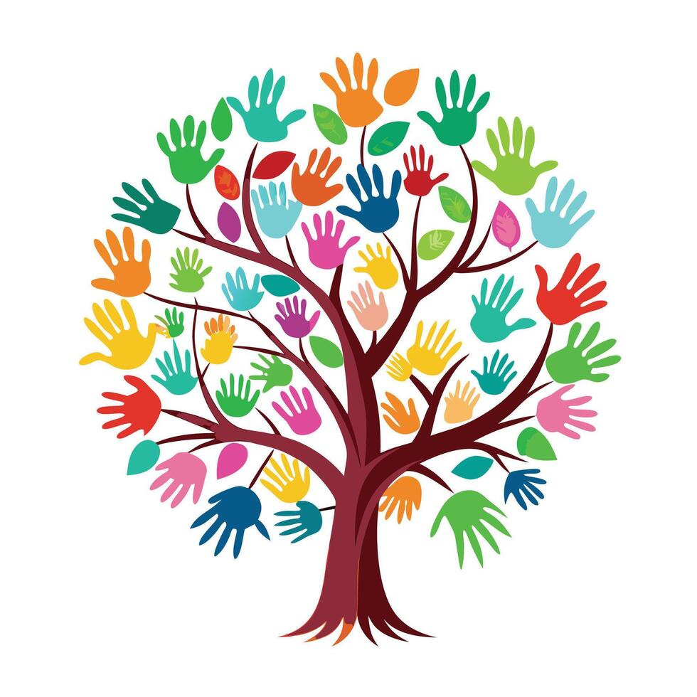 Artistic Tree with Colorful Handprints as Leaves in a Colorful Design vector