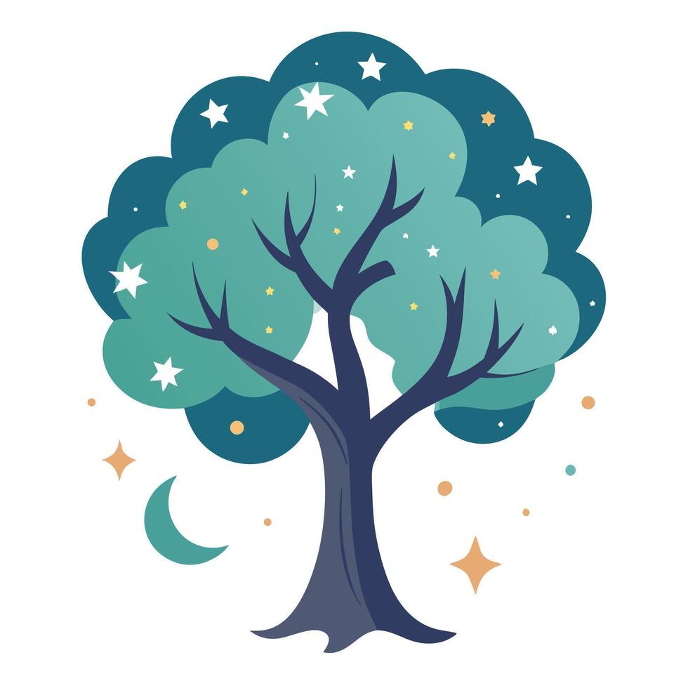 Flat Tree Design with Crescent Moon and Star Leaves Generate vector