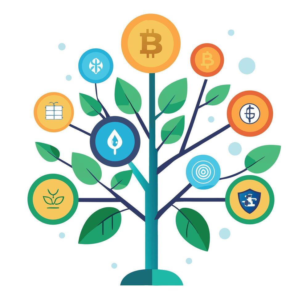 Cryptocurrency Coin Leaves Generate Design for Flat Tree Style vector