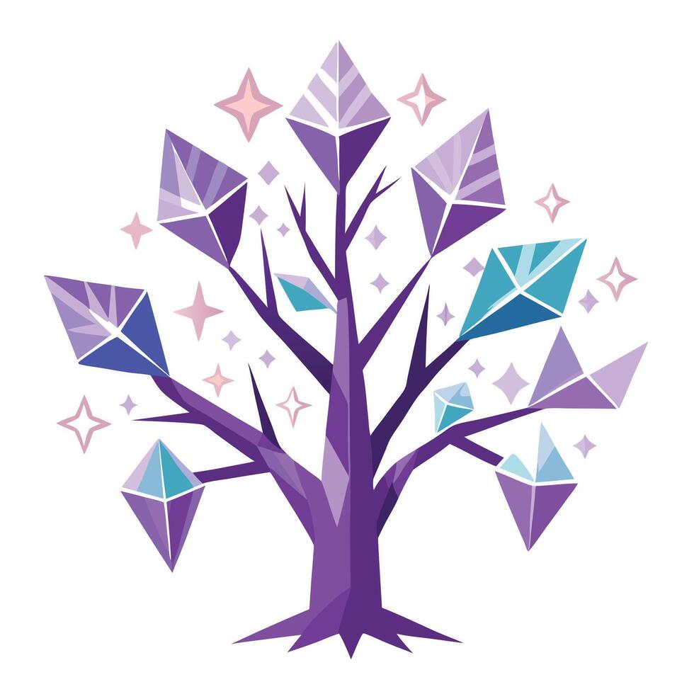 Unique Tree with Crystals as Branches in a Mystical Design vector