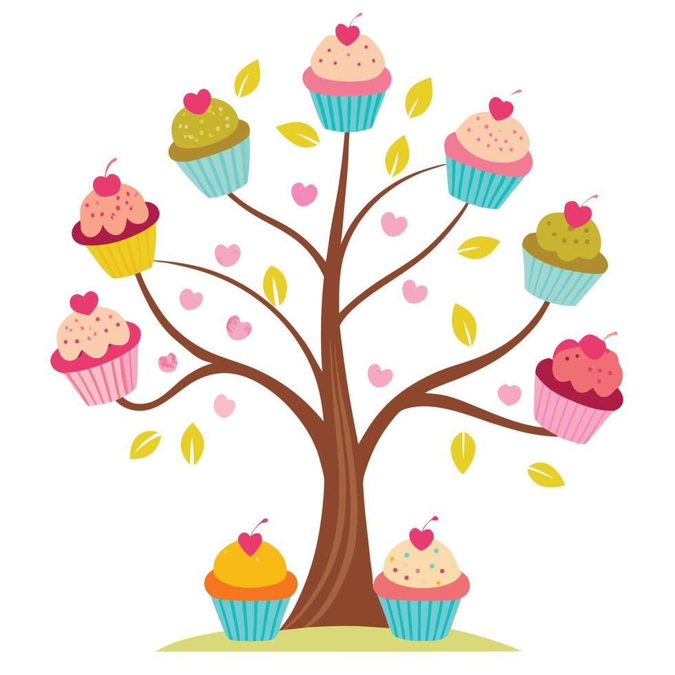 Imaginative Tree with Cupcakes Hanging from the Branches in a Fantastical Design vector