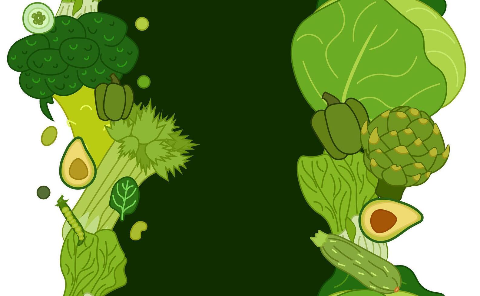 Green vegetables seamless vertical border frame card. flat illustration for food design, recipe, cook book, packages, menu, food ads and decor Eat green vector