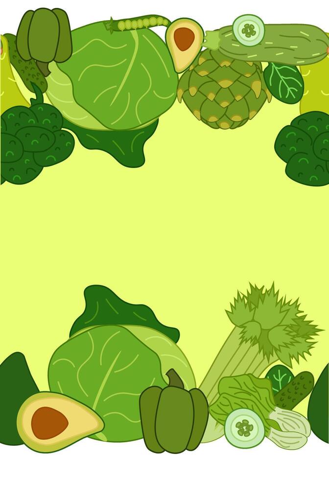 Green vegetables frame sea, food ads and decor Eat greenmless horizontal border. flat illustration for cards, food design, recipe, cook book, packages, menu vector